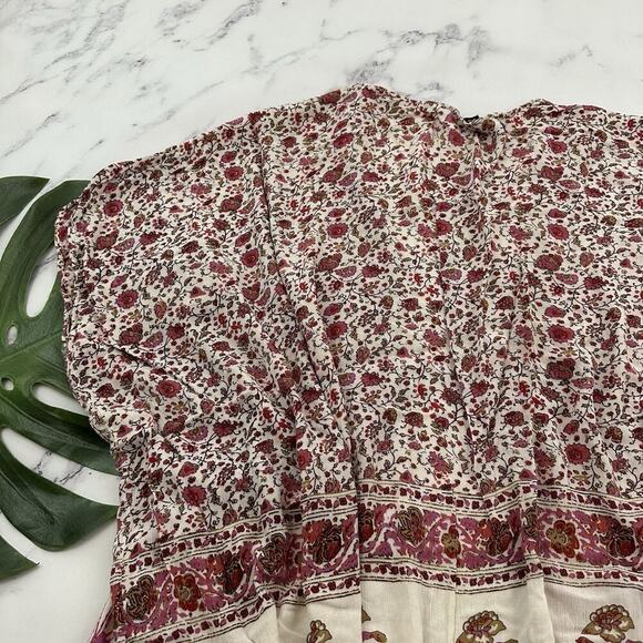 Angie Womens Kimono Cover Up Top Size L Pink White Floral Open Front Boho - Picture 10 of 11